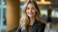 Young professional Caucasian woman with blonde wavy hair and genuine smile wearing dark blazer in modern office environment with soft bokeh background lighting.