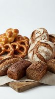 Assorted fresh baked goods including pretzels, artisan bread loaves, and whole grain rolls arranged on wooden board and white background for bakery, food, and culinary use.