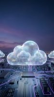 Glowing cloud computing network hovering above circuit board cityscape at dusk, symbolizing digital infrastructure, data storage, and cloud technology for business applications.