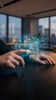 Businessman holding holographic digital network interface with glowing data connections above wooden desk in modern office with city skyline view for technology and innovation concepts.