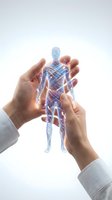 Hands holding glowing holographic human body with illuminated nervous system and circulatory pathways against white background. Healthcare and medical technology concept.