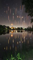 Glowing fireworks streaks reflect in calm lake water at night, creating mirror effect with illuminated trees silhouetted against dark sky and reeds in foreground.