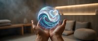 Hands holding glowing holographic sphere with swirling energy patterns in modern interior space for technology and innovation concepts.