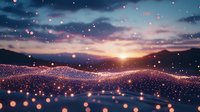Magical glowing particles floating over snowy hills at sunset with pink and blue sky, creating dreamy winter landscape for seasonal backgrounds.