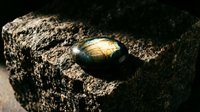 Golden labradorite gemstone with natural flash resting on rough volcanic rock surface, showcasing mineral beauty and earth elements for jewelry design.