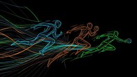 Dynamic neon line art of three runners in motion with colorful light trails showing speed and energy on black background for sports design.