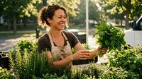 Happy middle-aged Caucasian woman gardener in apron tending fresh herbs and plants in sunny outdoor garden setting for organic farming and sustainable living.