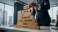 Businessman in dark suit stacking wooden blocks labeled with business terms like leadership, skills, and teamwork in modern office with city skyline, representing corporate growth and strategy.