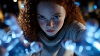 Young redhead woman with curly hair and freckles illuminated by blue digital lights creating futuristic technology atmosphere for modern concepts.