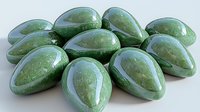 Polished green aventurine stone eggs arranged in circular pattern on white surface, showing natural mineral texture and glossy finish for crystal healing and decoration.