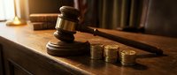 Wooden judge gavel with golden coins on courtroom desk representing legal fees, financial litigation, bankruptcy proceedings, and judicial monetary decisions.
