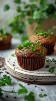 Freshly baked savory muffins garnished with chopped green onions on rustic ceramic plate, surrounded by herbs for gourmet appetizer presentation.