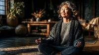 Mature Hispanic woman with curly gray hair meditating peacefully in cozy living room with warm sunlight streaming through windows creating serene wellness atmosphere.