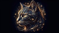 Ornate golden cat head with decorative swirls and sparkles on dark background for luxury design projects and mystical artwork applications.
