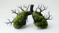 Anatomical lungs shaped with black tree branches and green moss, representing environmental health and nature connection on white background, medical concept art.