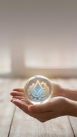 Hands holding glowing crystal sphere with water drop and leaf symbol, representing environmental sustainability, eco-friendly business, and green energy solutions for corporate presentations.