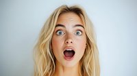 Young blonde woman with surprised shocked facial expression and wide open mouth against light background, showing genuine amazement and astonishment.