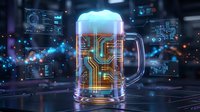 Digital beer mug with glowing circuit board patterns and holographic displays in futuristic technology environment for modern beverage concepts.