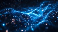 Glowing blue cosmic waves with luminous particles and light effects against dark space background create mystical atmospheric scene for astronomy designs.