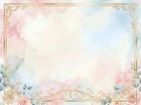 Watercolor floral frame with soft pastel pink, blue, and green washes, ornate gold decorative corners and borders, isolated on white background for invitations.
