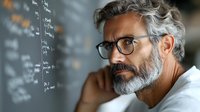 Mature bearded professor with gray hair and glasses contemplating mathematical equations written on blackboard, focused on complex problem solving in academic setting.