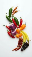 Colorful variety of fresh and dried chili peppers arranged in a swirl on white background, showcasing green, red, orange, yellow, purple, and dark hues.