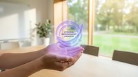 Clinical improvement text glowing in purple holographic sphere held in hand against office window background with green nature view.