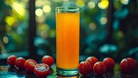 Fresh orange juice in tall glass surrounded by ripe red cranberries on wooden surface with blurred natural bokeh background for healthy lifestyle concepts.