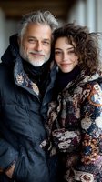 Mature Caucasian man with gray hair and beard embracing young woman with curly dark hair, both wearing winter coats and scarves, sharing intimate moment outdoors.