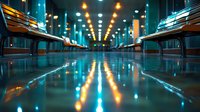 Modern airport terminal corridor with illuminated pathway and reflective floor creating atmospheric travel environment for commercial transportation design.