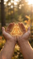 Cupped hands holding glowing meditation figure in lotus position with warm sunlight and bokeh background representing mindfulness and spiritual protection.
