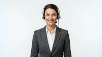 Professional female customer service representative with headset smiling in business suit against white background for corporate communications.