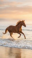 Chestnut horse galloping through ocean waves at golden hour sunset with dramatic sky and splashing water creating dynamic movement and freedom concept.