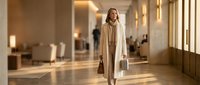 Professional businesswoman in beige coat walking through modern office lobby with natural sunlight streaming through windows creating warm atmosphere.