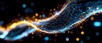 Glowing blue and gold energy waves with sparkling particles flow against dark background, creating dynamic motion effect for technology designs.
