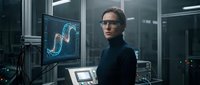 Young Caucasian male scientist in glasses working with DNA helix visualization on computer screen in modern laboratory for genetic research and biotechnology.