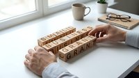 Business strategy planning concept with wooden letter blocks spelling strategic words on white desk. Professional workspace with coffee mug and glasses.