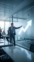 Businessman in dark suit pointing at glowing upward arrow on glass wall in modern office conference room with colleagues, representing growth, success, and financial progress for corporate presentations.