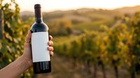Unrecognizable person holding wine bottle with blank label in vineyard landscape at golden hour for branding and marketing purposes.