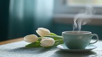 Steaming cup of hot beverage with fresh white tulips on lace tablecloth in soft morning light, creating cozy atmosphere for relaxation and mindfulness.