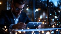Professional businessman in suit working late at night on digital tablet with glowing bokeh lights and reflections creating atmospheric business environment.