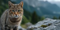 Tabby cat sitting on rocky ledge with mountain forest landscape in blurred background. Wild feline portrait with intense green eyes and natural outdoor setting.