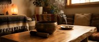 Smoking incense bowl on wooden table in cozy living room with warm lighting and home decor elements creating peaceful meditation atmosphere.