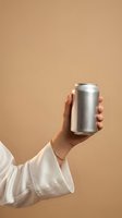 Female hand holding silver aluminum beverage can against warm beige background for product presentation and marketing campaigns.