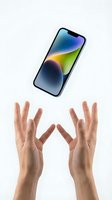 Caucasian hands with fingers spread wide catching or tossing modern smartphone with colorful gradient display against white background for technology and mobile app promotion.