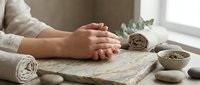 Woman hands folded in peaceful meditation pose on marble surface with spa towels, stones and herbs creating serene wellness atmosphere for relaxation.