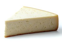Fresh wedge of white cheese with porous texture isolated on white background, ready for food packaging, menu design and commercial use.