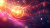 Glowing magical sphere emitting golden light particles against purple cosmic background with lens flare effects and ethereal energy streams flowing through space.