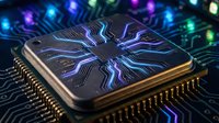 Modern microprocessor chip with glowing circuit patterns and colorful LED lights on dark circuit board background for technology and computing concepts.