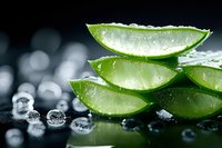 Fresh aloe vera plant slices with water drops on dark background, macro photography showing natural moisturizing properties for skincare and wellness concept.
